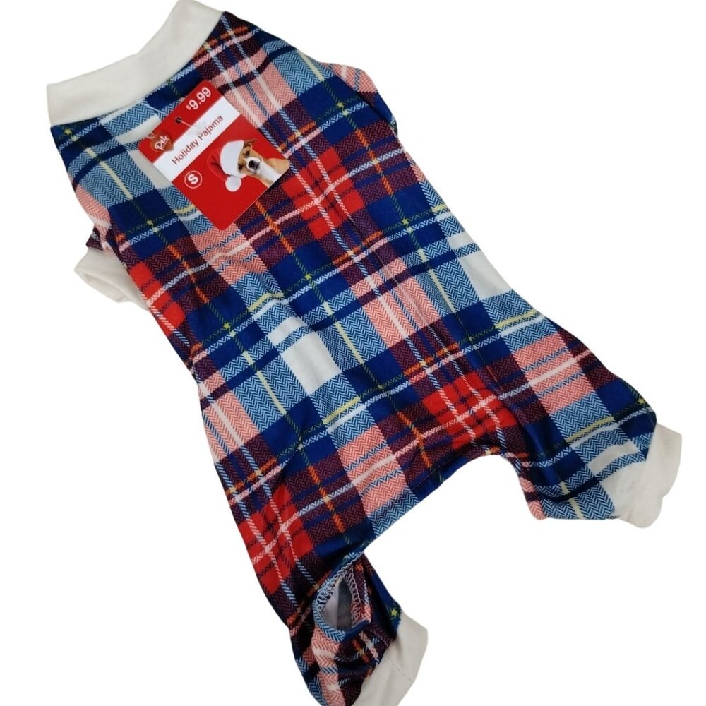 Pet Central Dog Small 10 inch Holiday Pajamas Blue and White Plaid
